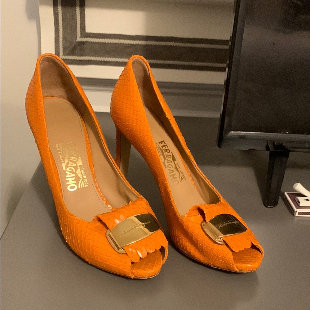 Salvatore Ferragamo Orange Peep-Toe Heels